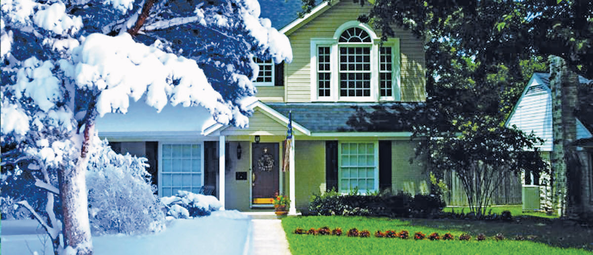 a house with trees in winter and summer